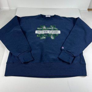 VTG Notre Dame Fightin Irish Sweatshirt Large Blue Faded Plaid Logo Crewneck